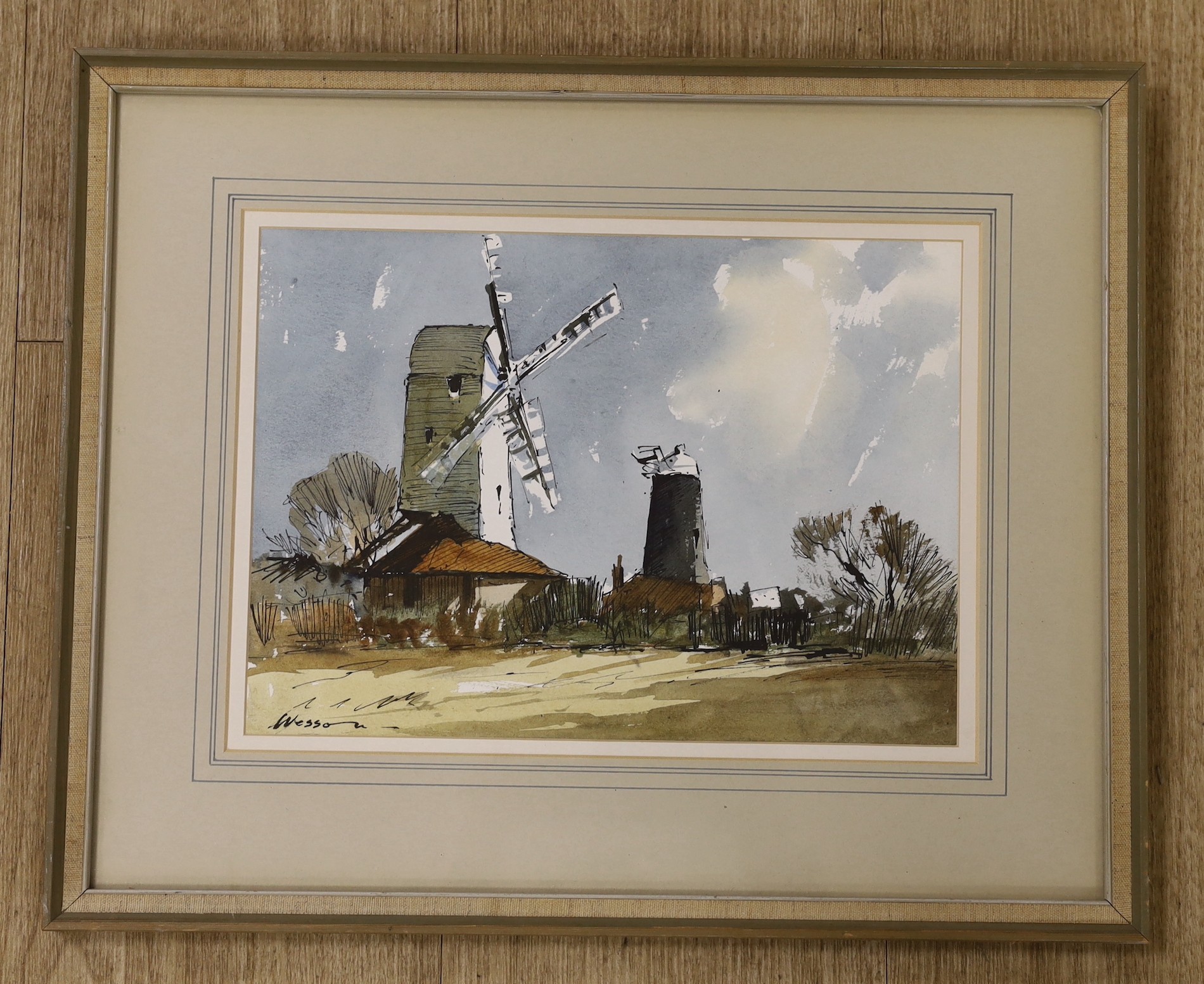 Edward Wesson (1910-1983), ink and watercolour, 'Jack and Jill Mills', Ditchling, signed, 20.5 x 29cm